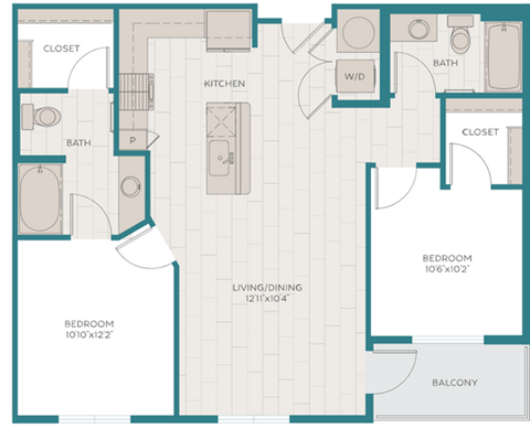 Floor plan for 2 beds, 2 baths, 977 sqft